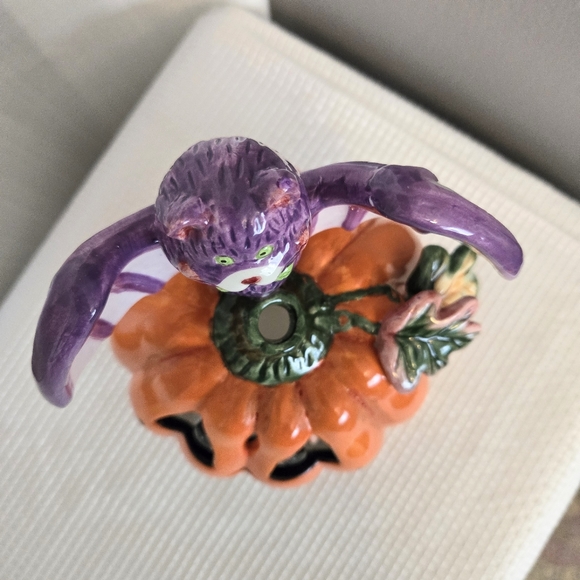 Vtg Halloween Pumpkin Bat Tealight Candle Holder Ceramic 2003 Read - Picture 8 of 12
